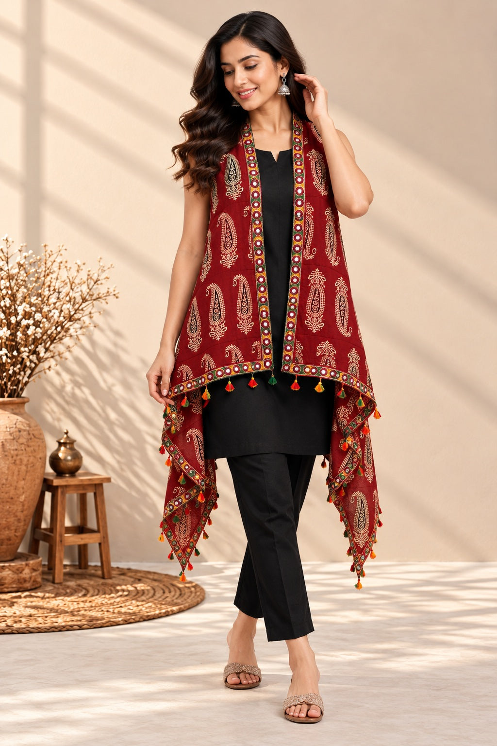 Ajarakh Soft Cotton Tassel Shrug