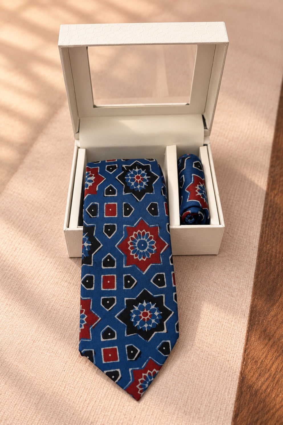 Indigo Ajarakh Tie & Pocket Square Set for Men