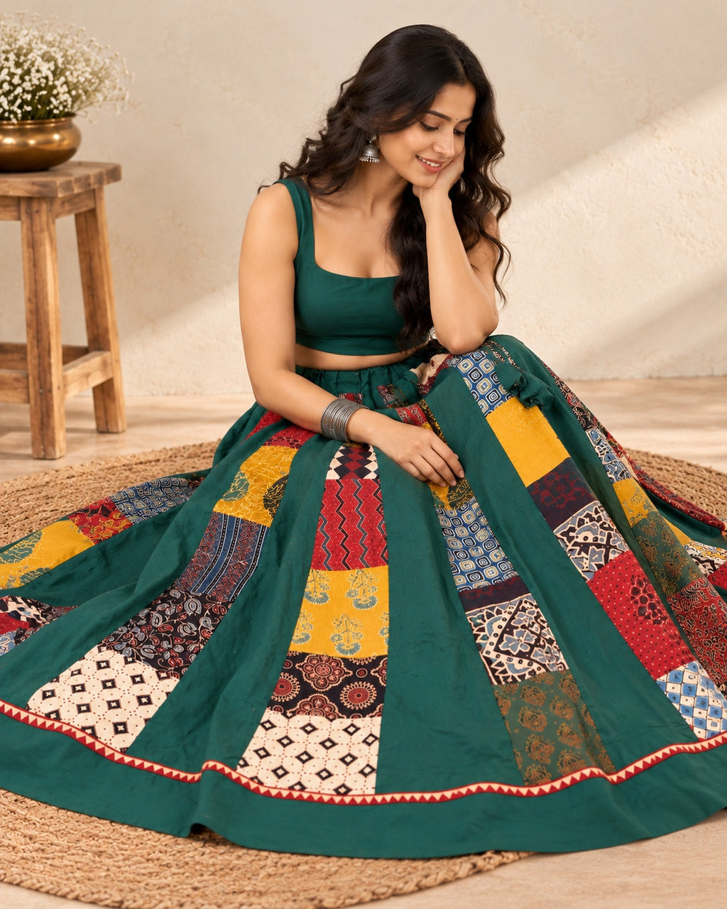 Ajarakh Green Multi Kali & Plain Skirt
