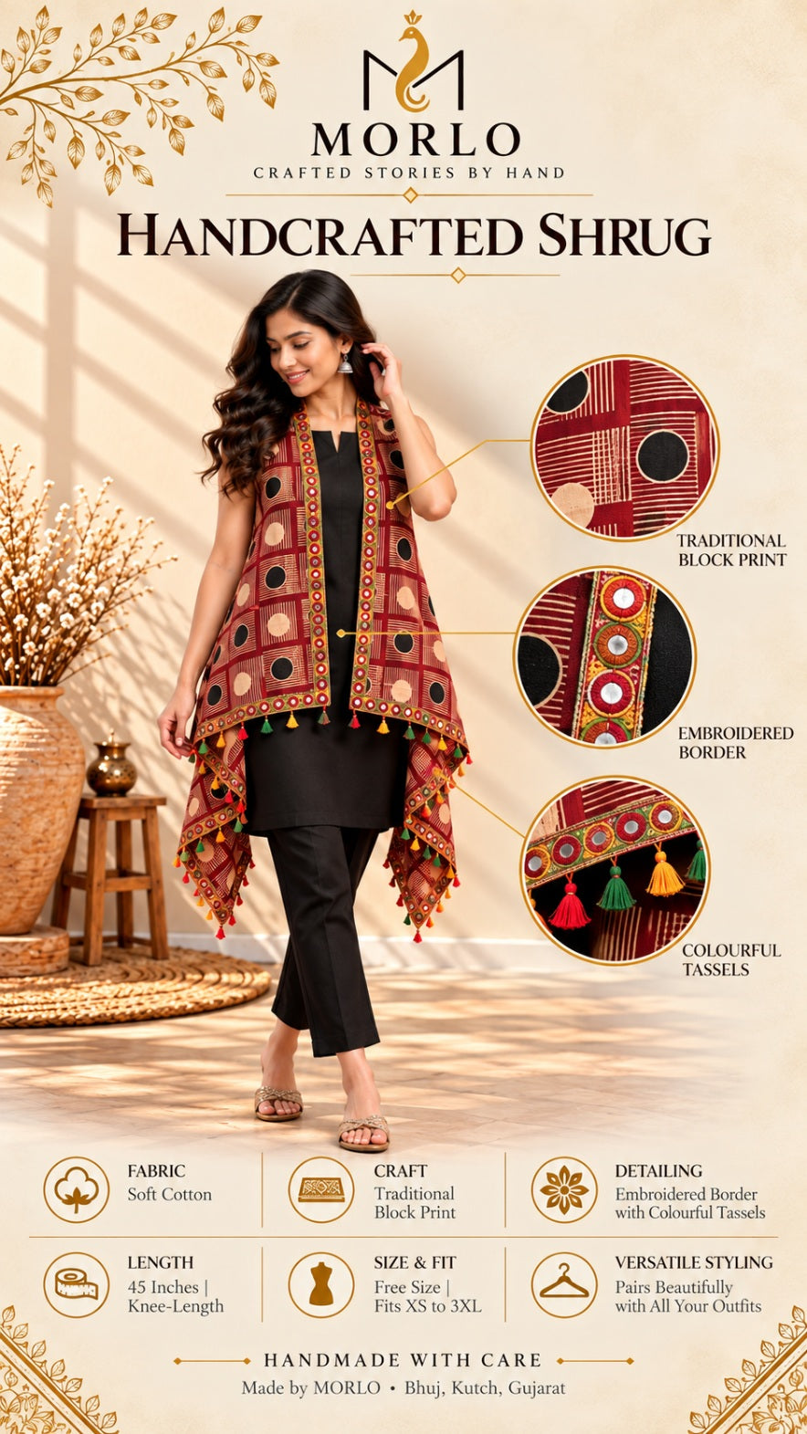 Ajarakh Soft Cotton Tassel Shrug