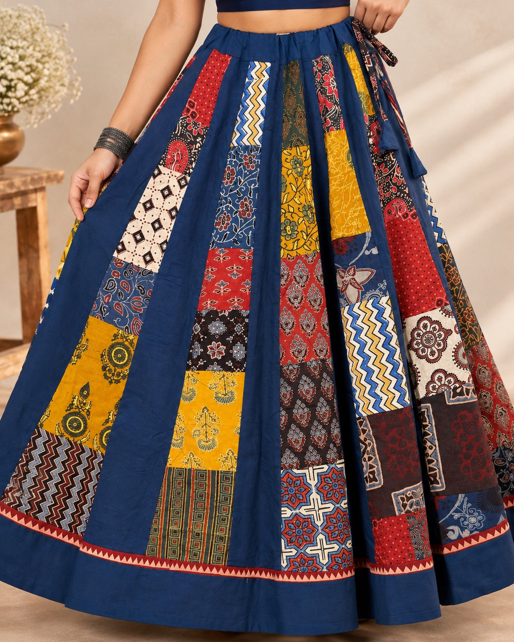 Ajarakh Blue Multi Kali & Plain Skirt