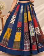 Ajarakh Blue Multi Kali & Plain Skirt