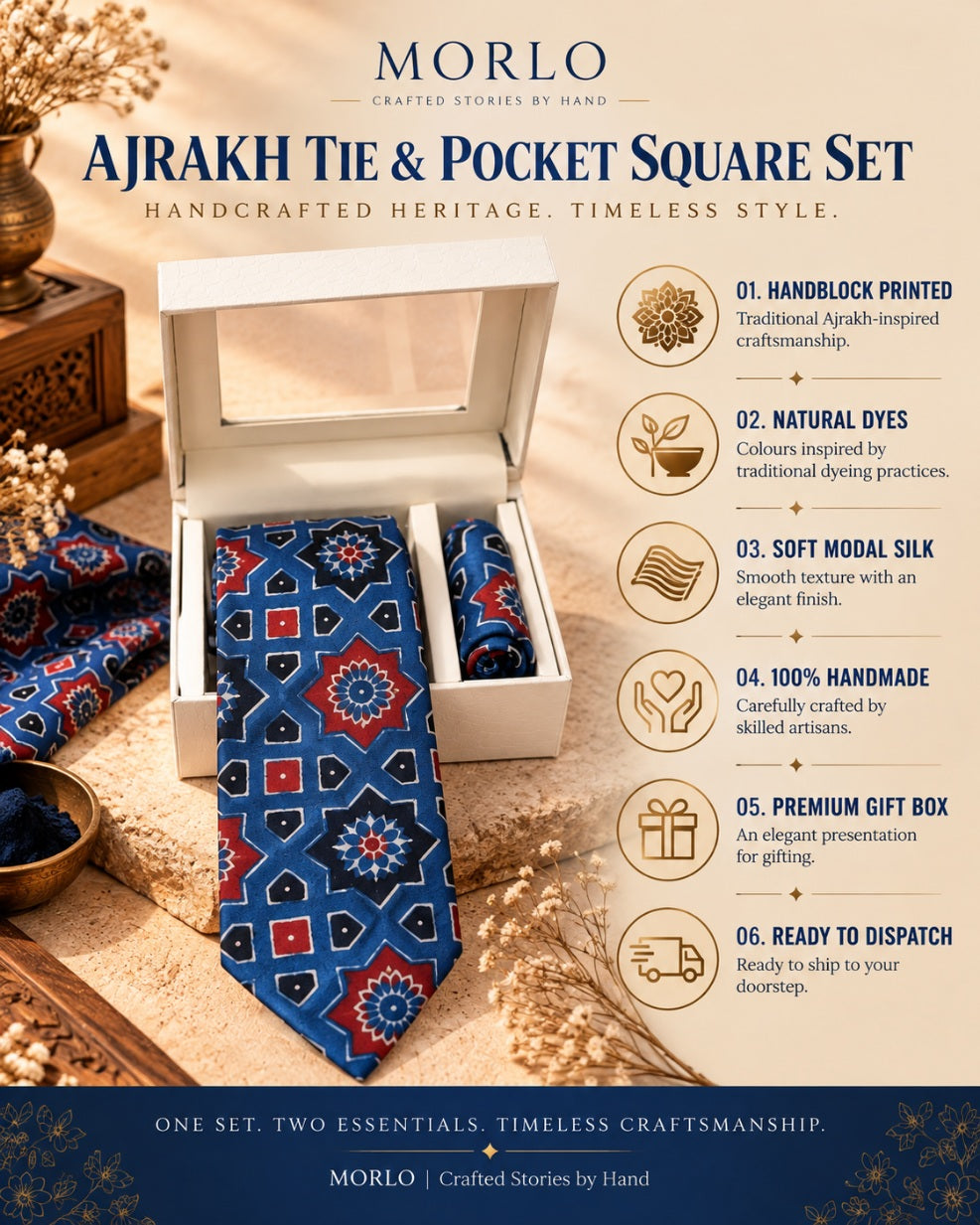 Indigo Ajarakh Tie & Pocket Square Set for Men