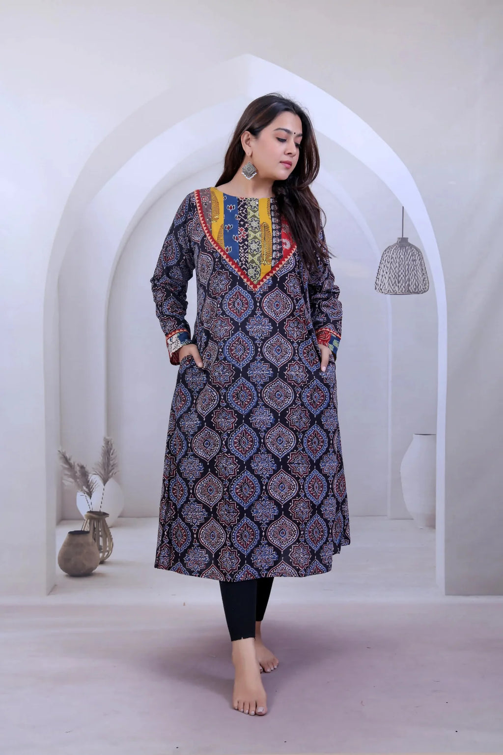 Jeeva Ajarakh Black Patchwork Neck A Line Kurti