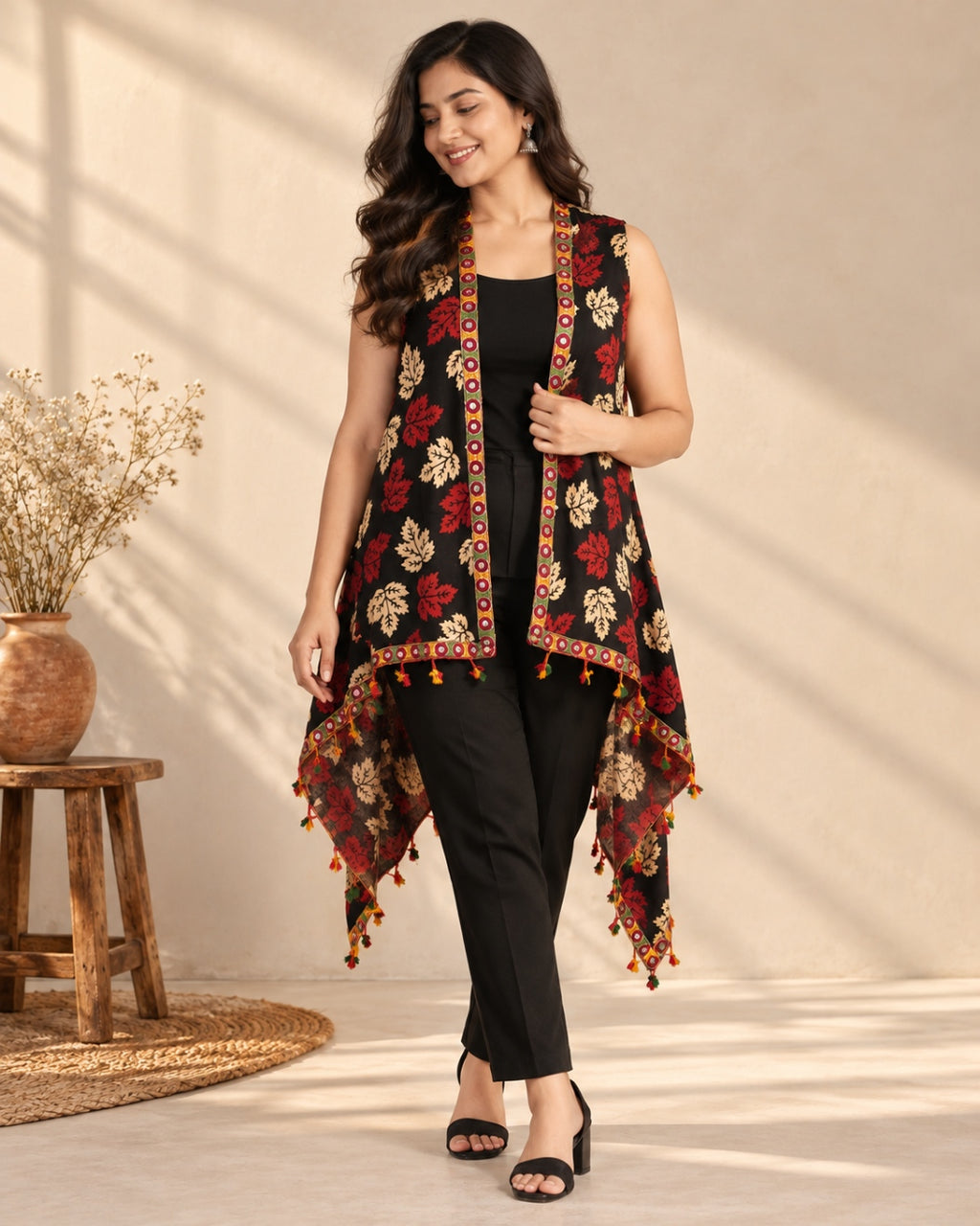 Ajarakh Soft Cotton Tassel Shrug