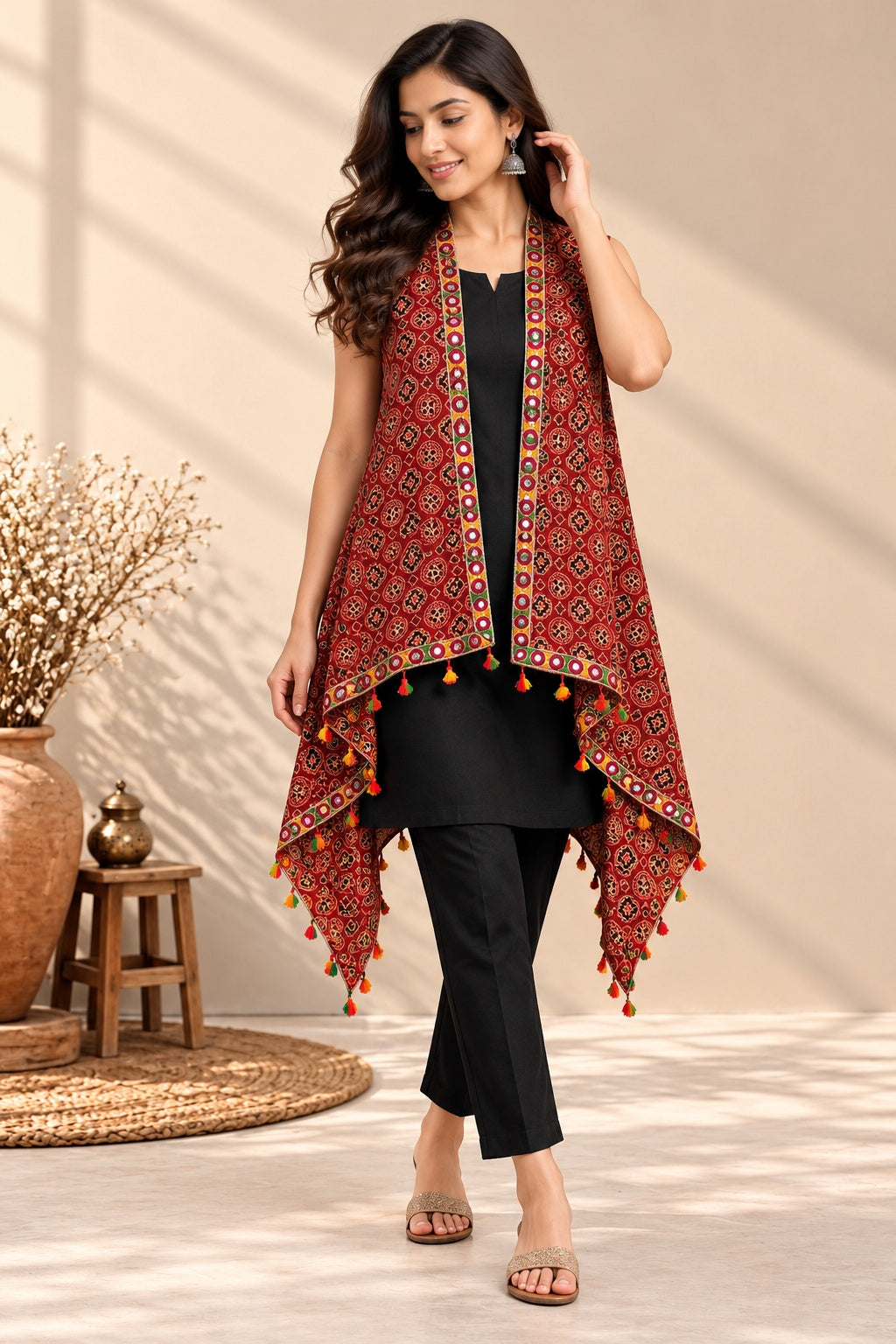 Ajarakh Soft Cotton Tassel Shrug