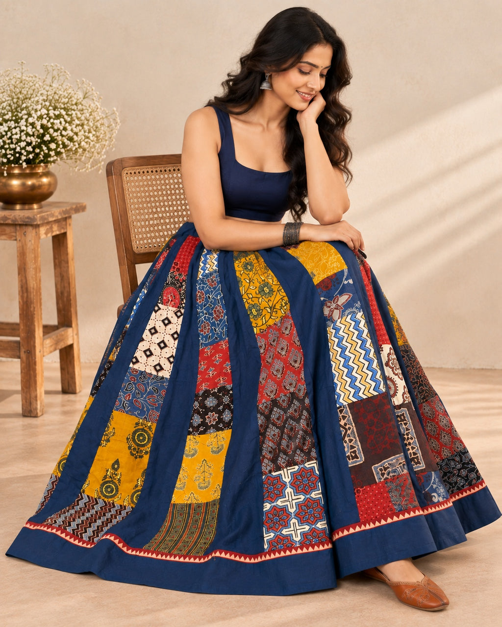 Ajarakh Blue Multi Kali & Plain Skirt