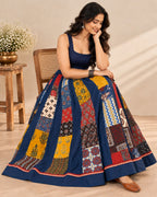 Ajarakh Blue Multi Kali & Plain Skirt