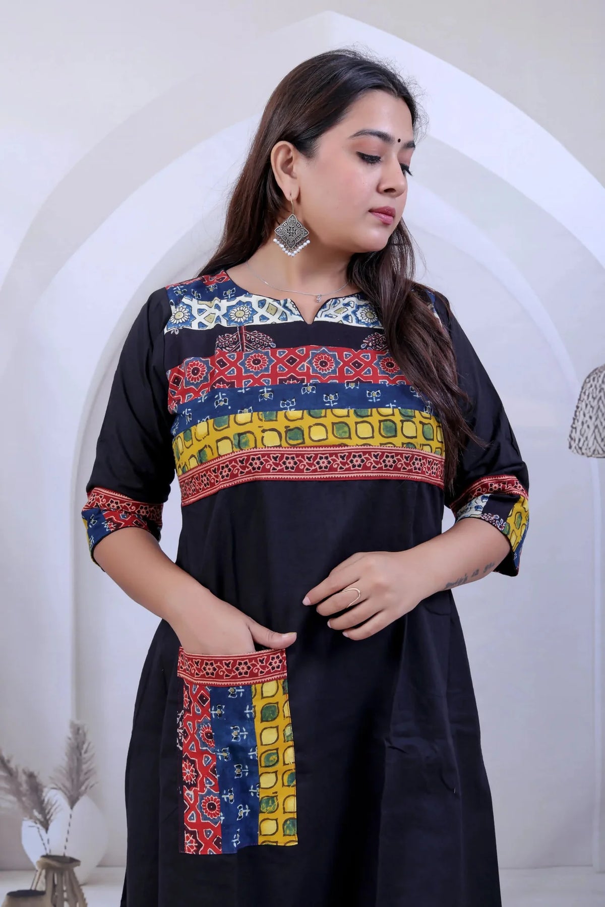 Saanvi Black Ajarakh Neck & Pocket A line Kurti