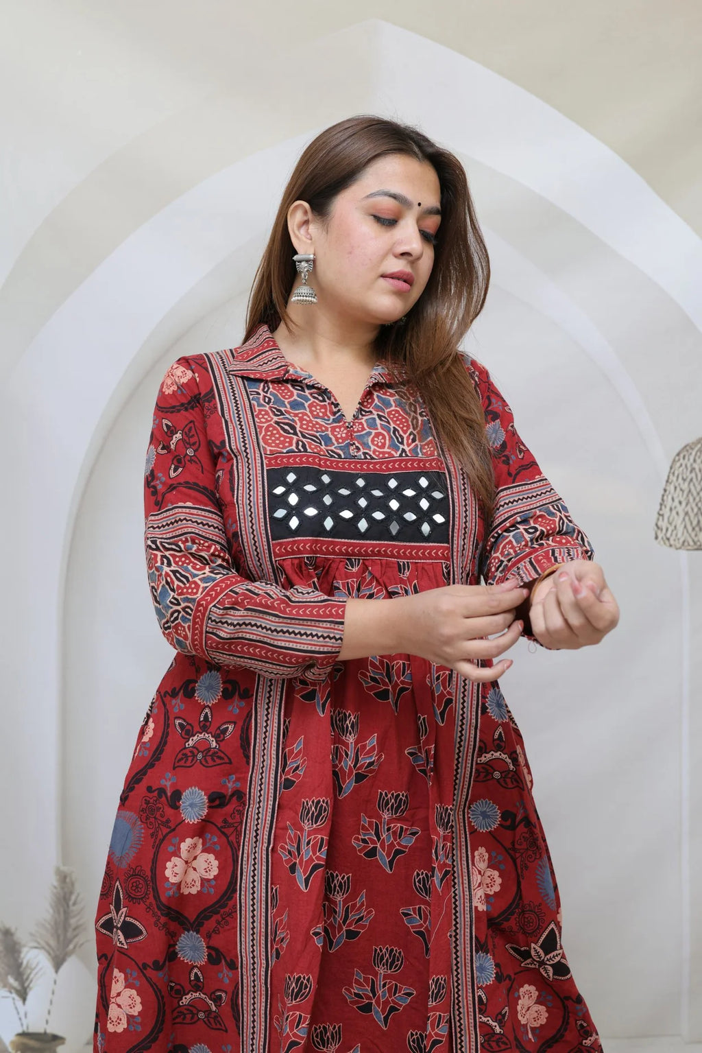 Swara Ajarakh Flap Collar & Mirror Cotton Long Kurti/One Piece