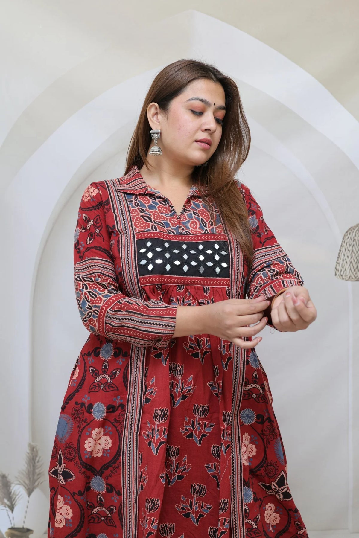 Swara Ajarakh Flap Collar & Mirror Cotton Long Kurti/One Piece