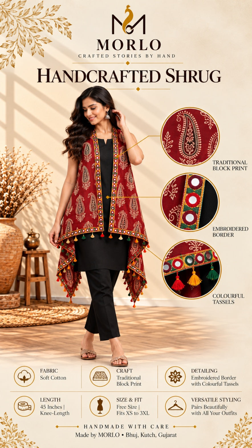 Ajarakh Soft Cotton Tassel Shrug