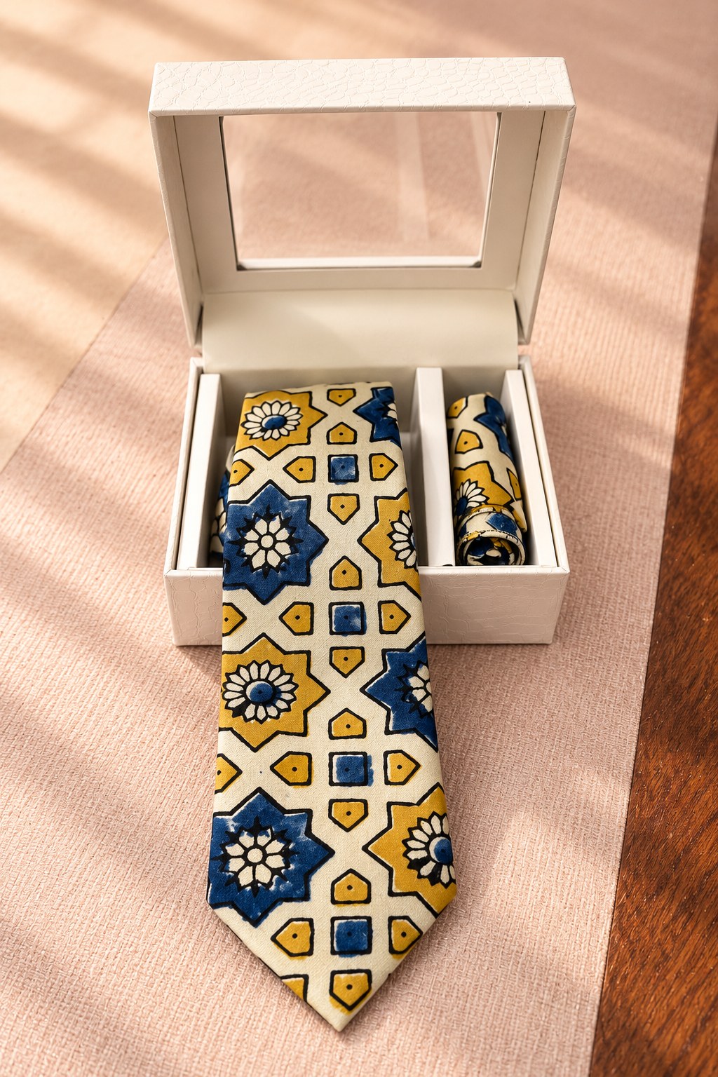 Cream Ajarakh Tie & Pocket Square Set for Men