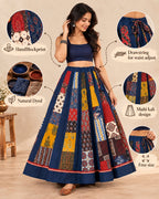 Ajarakh Blue Multi Kali & Plain Skirt