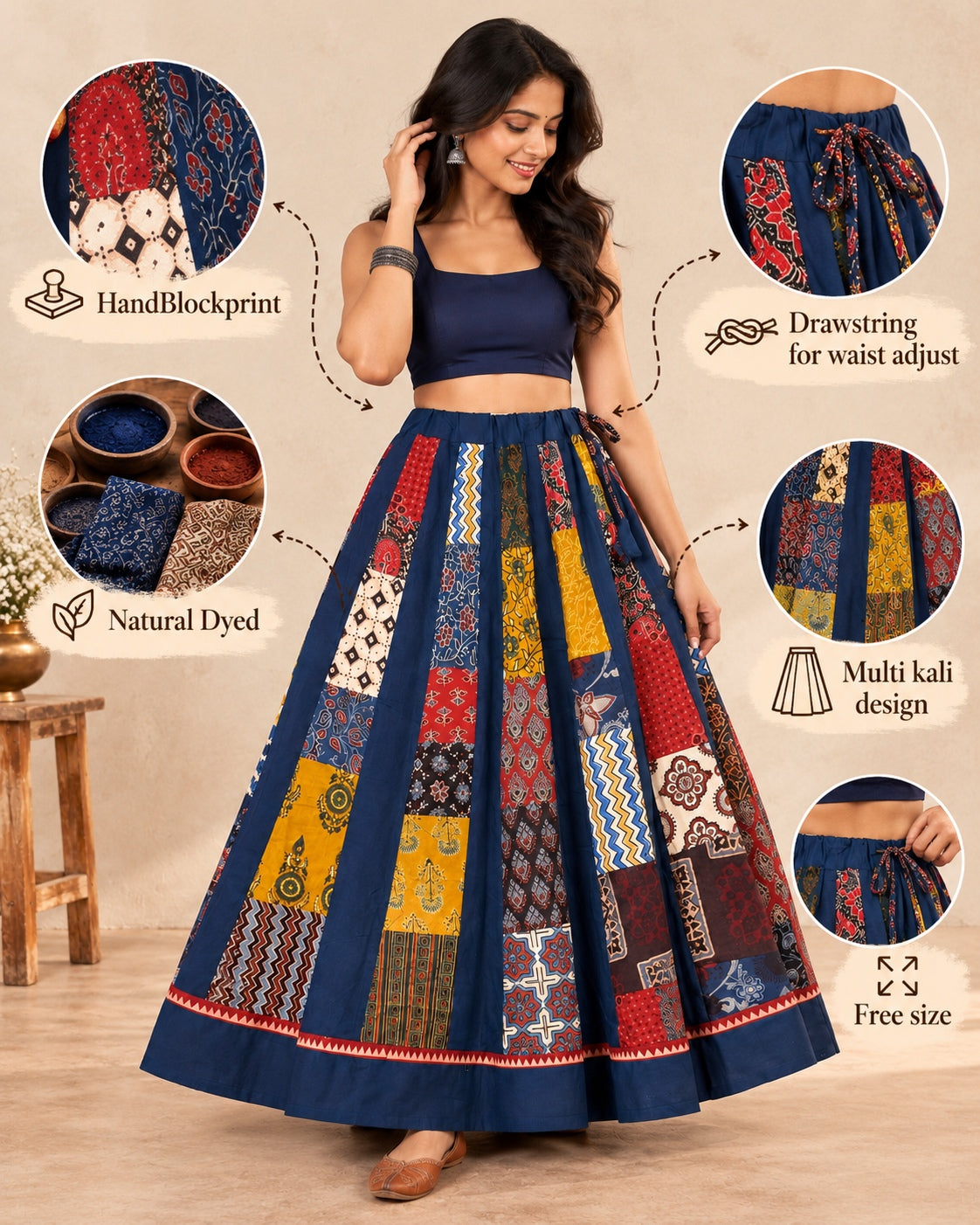 Ajarakh Blue Multi Kali & Plain Skirt