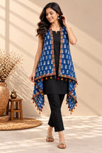 Indigo Blockprint Soft Cotton Tassel Shrug