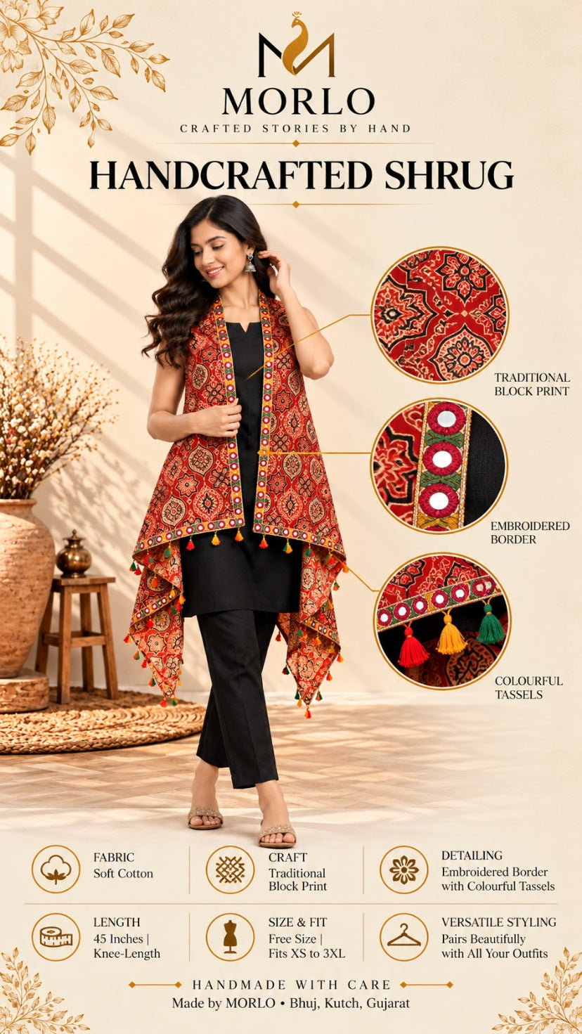 Ajarakh Soft Cotton Tassel Shrug