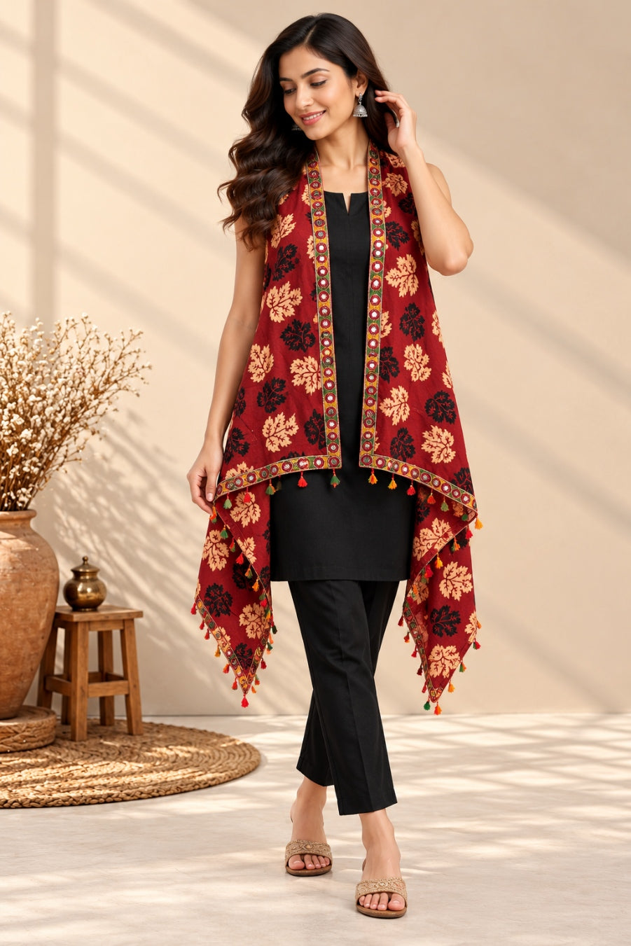 Ajarakh Soft Cotton Tassel Shrug