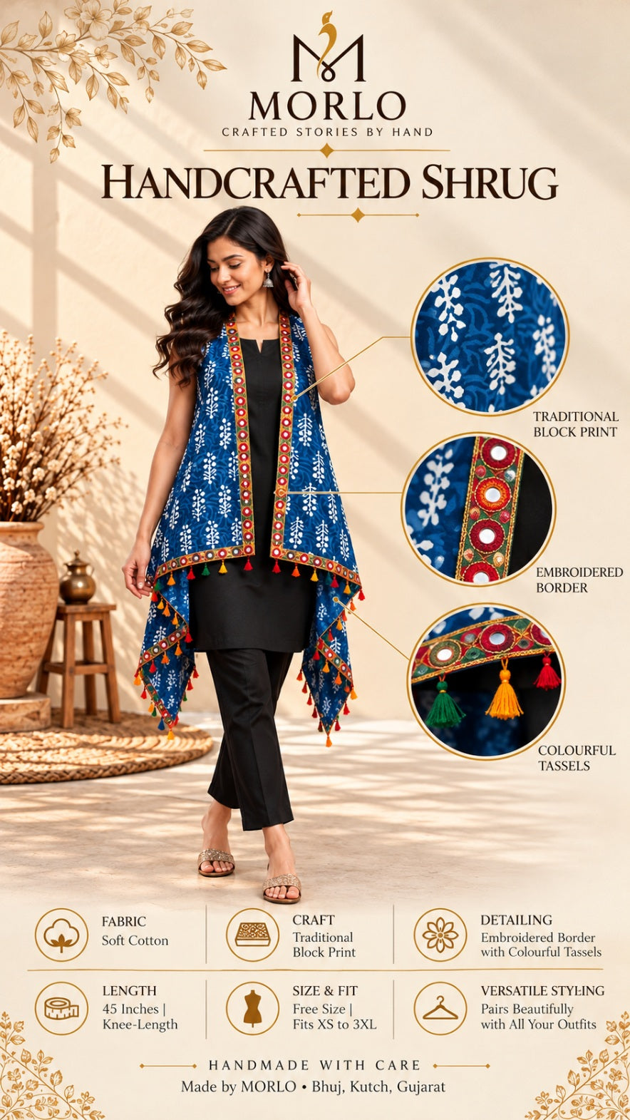 Indigi Blockprint Soft Cotton Tassel Shrug