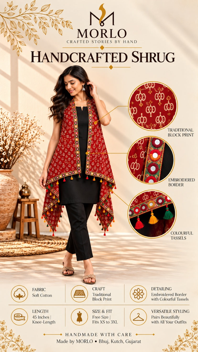 Ajarakh Soft Cotton Tassel Shrug