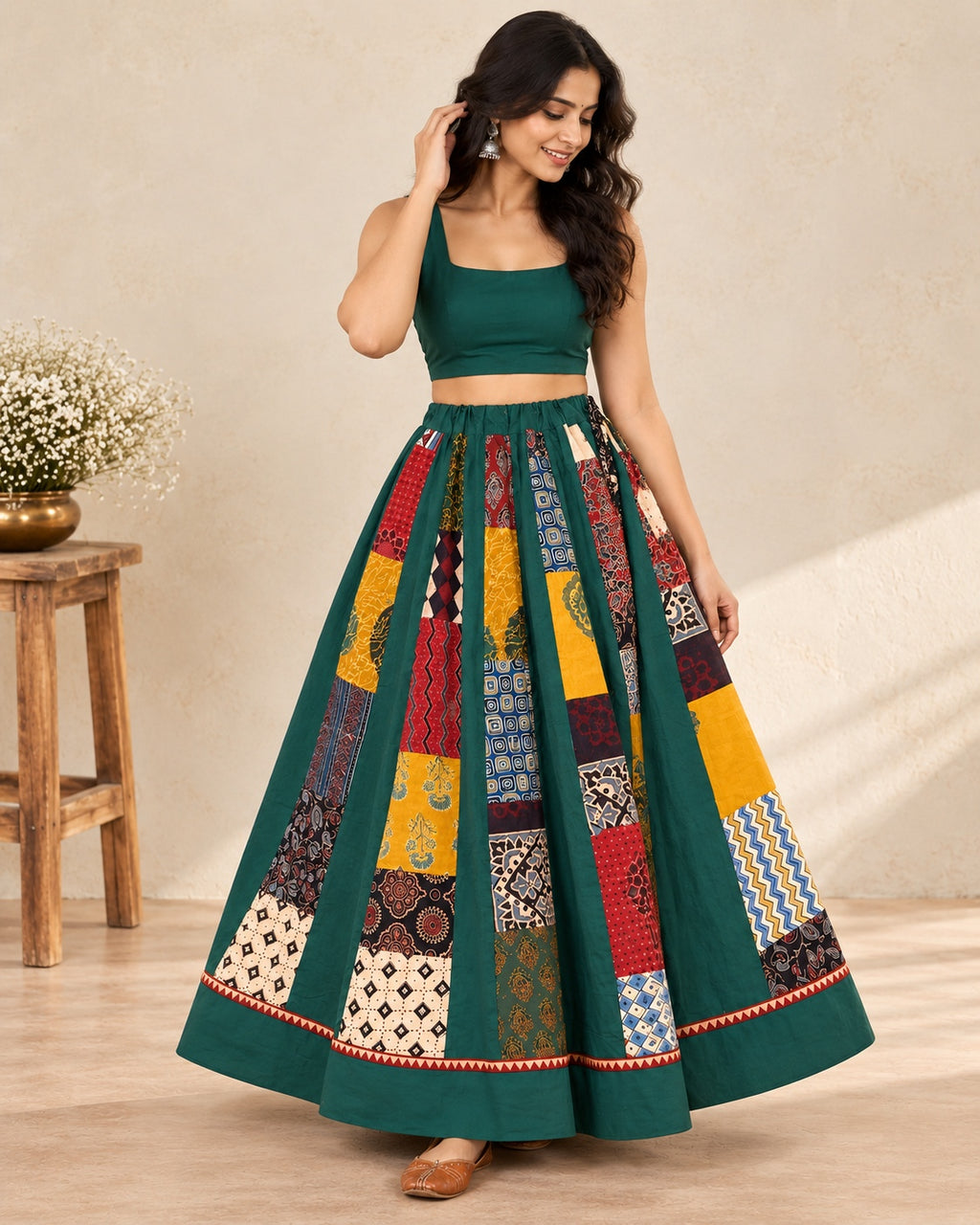 Ajarakh Green Multi Kali & Plain Skirt