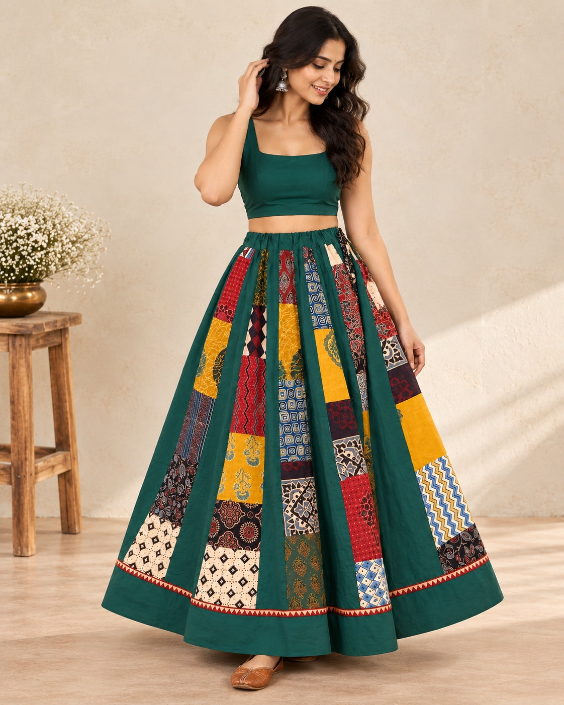 Ajarakh Green Multi Kali & Plain Skirt