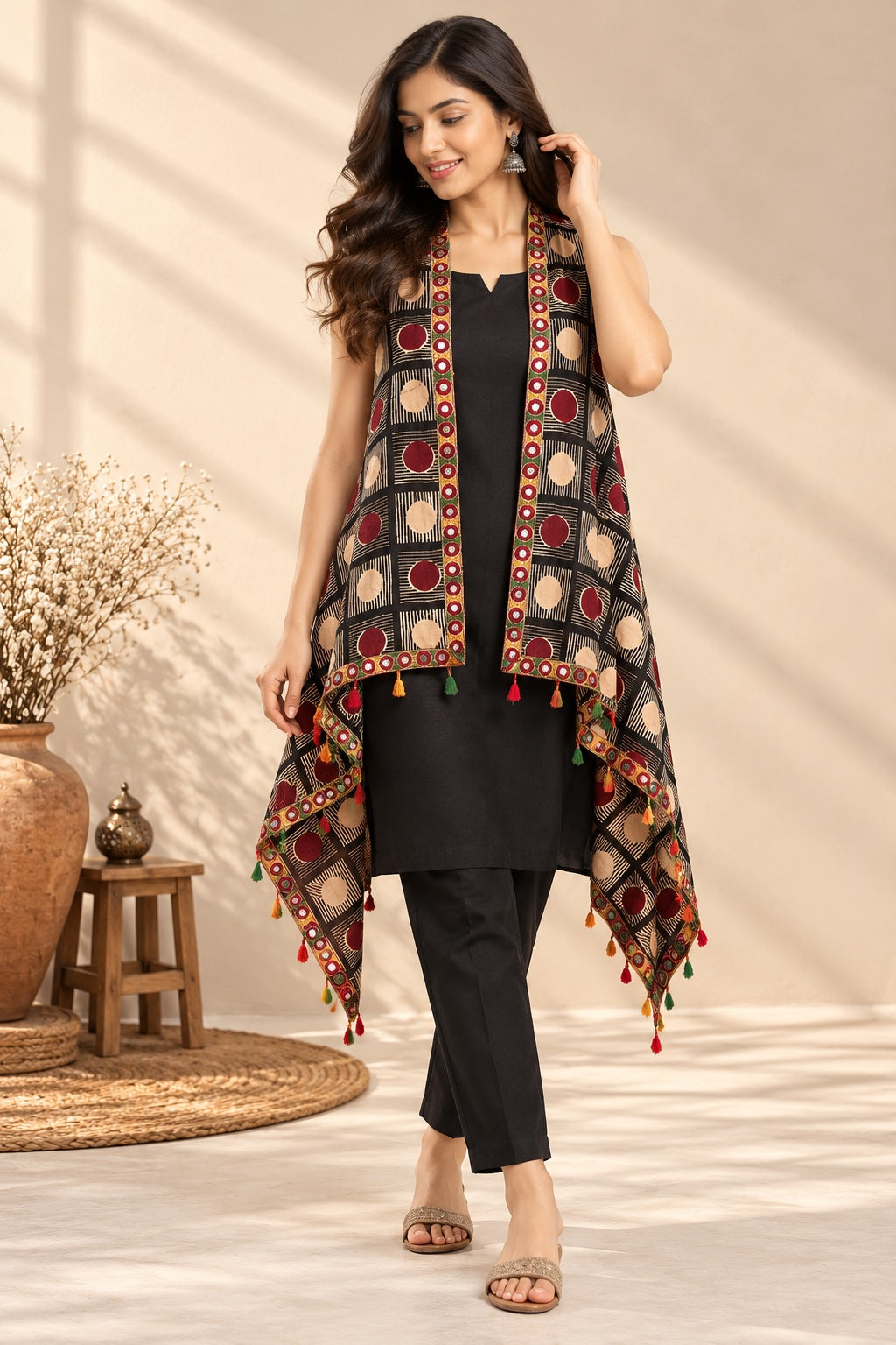 Ajarakh Soft Cotton Tassel Shrug