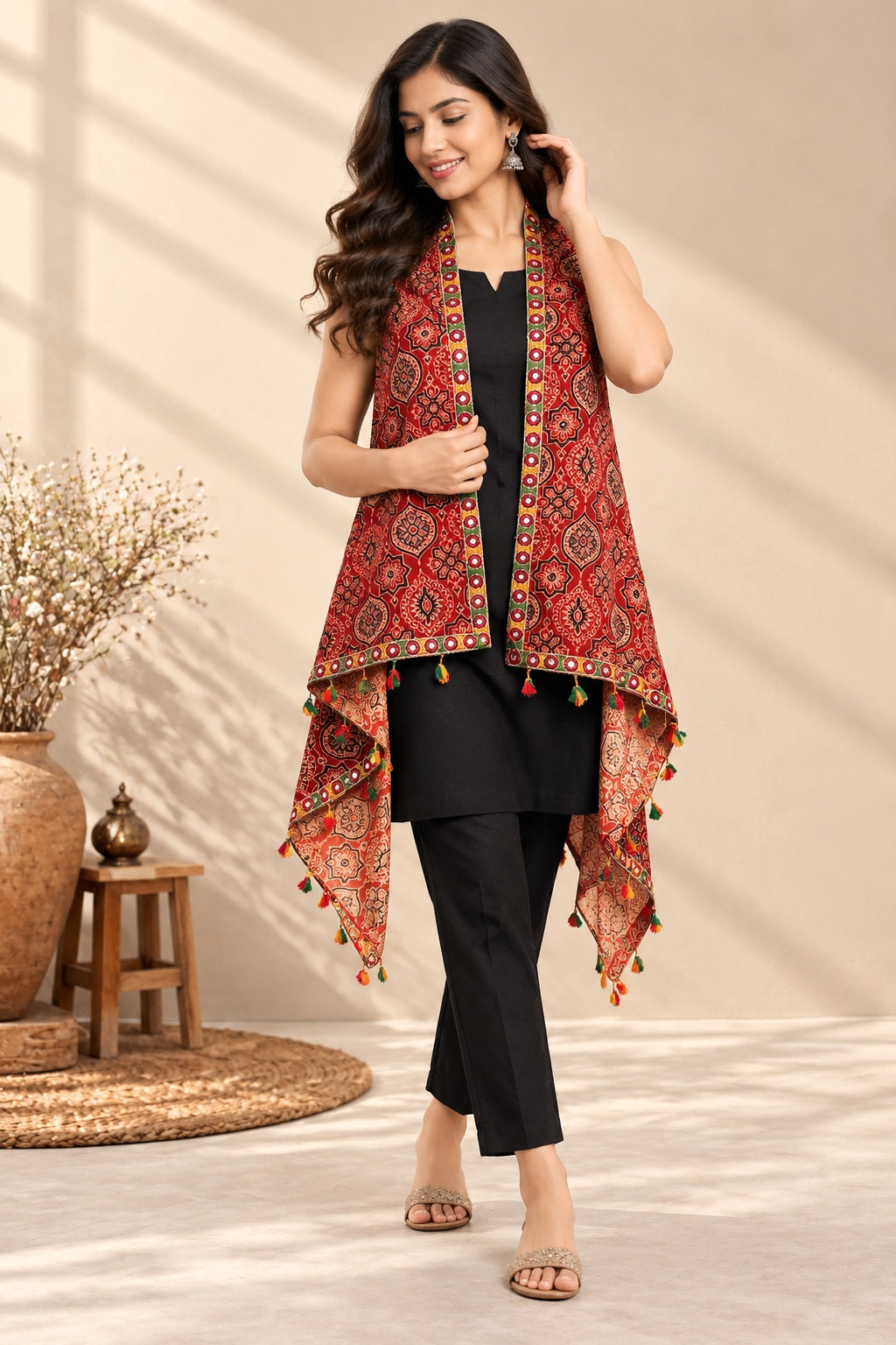 Ajarakh Soft Cotton Tassel Shrug