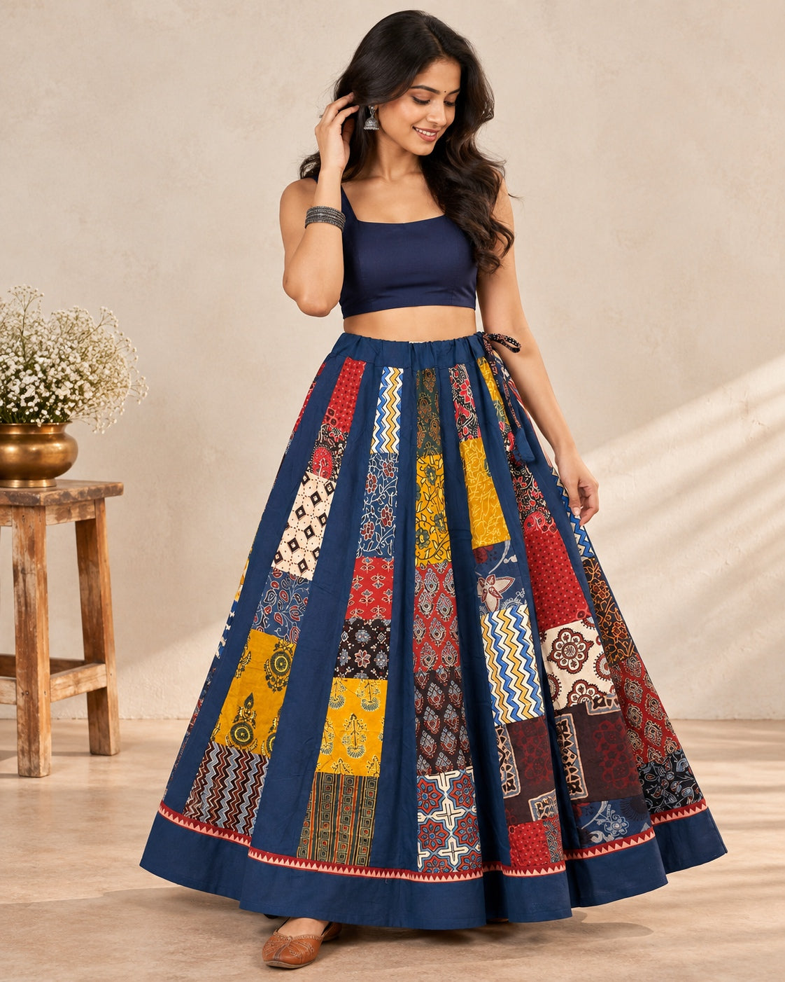 Ajarakh Blue Multi Kali & Plain Skirt