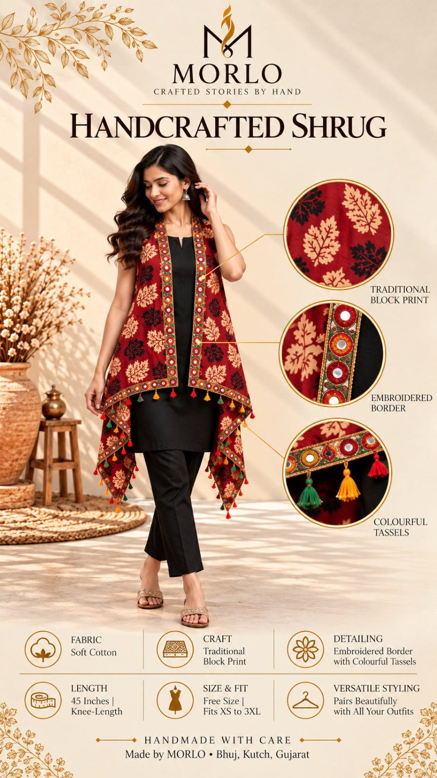 Ajarakh Soft Cotton Tassel Shrug