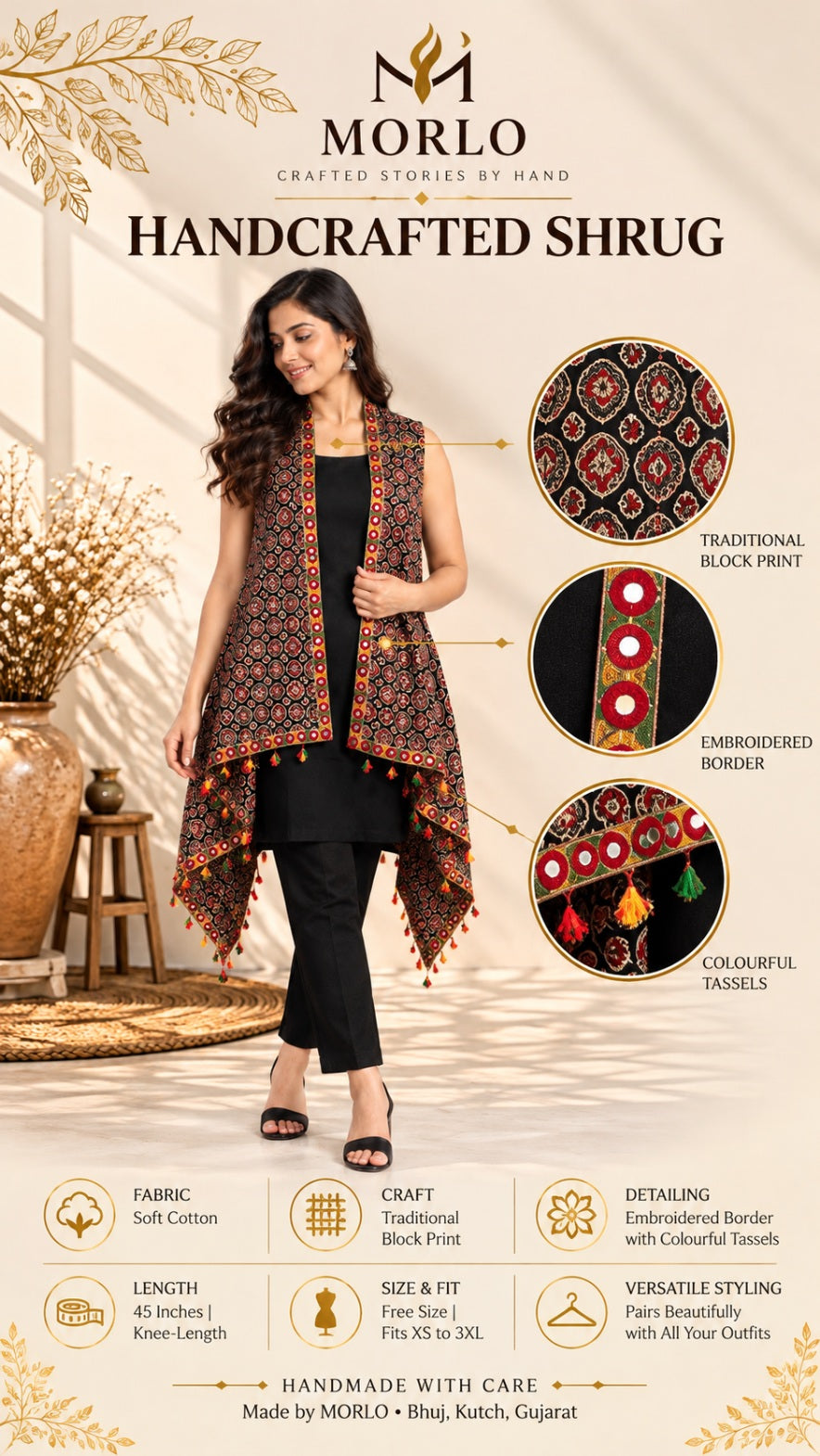 Ajarakh Soft Cotton Tassel Shrug