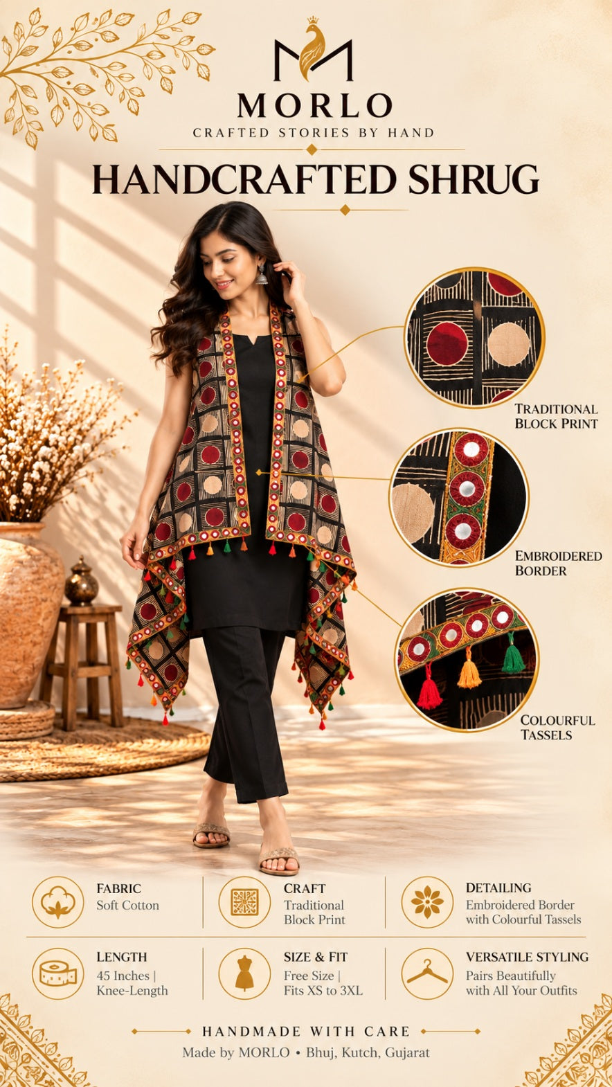 Ajarakh Soft Cotton Tassel Shrug