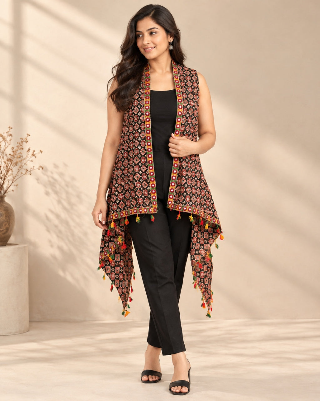 Ajarakh Soft Cotton Tassel Shrug