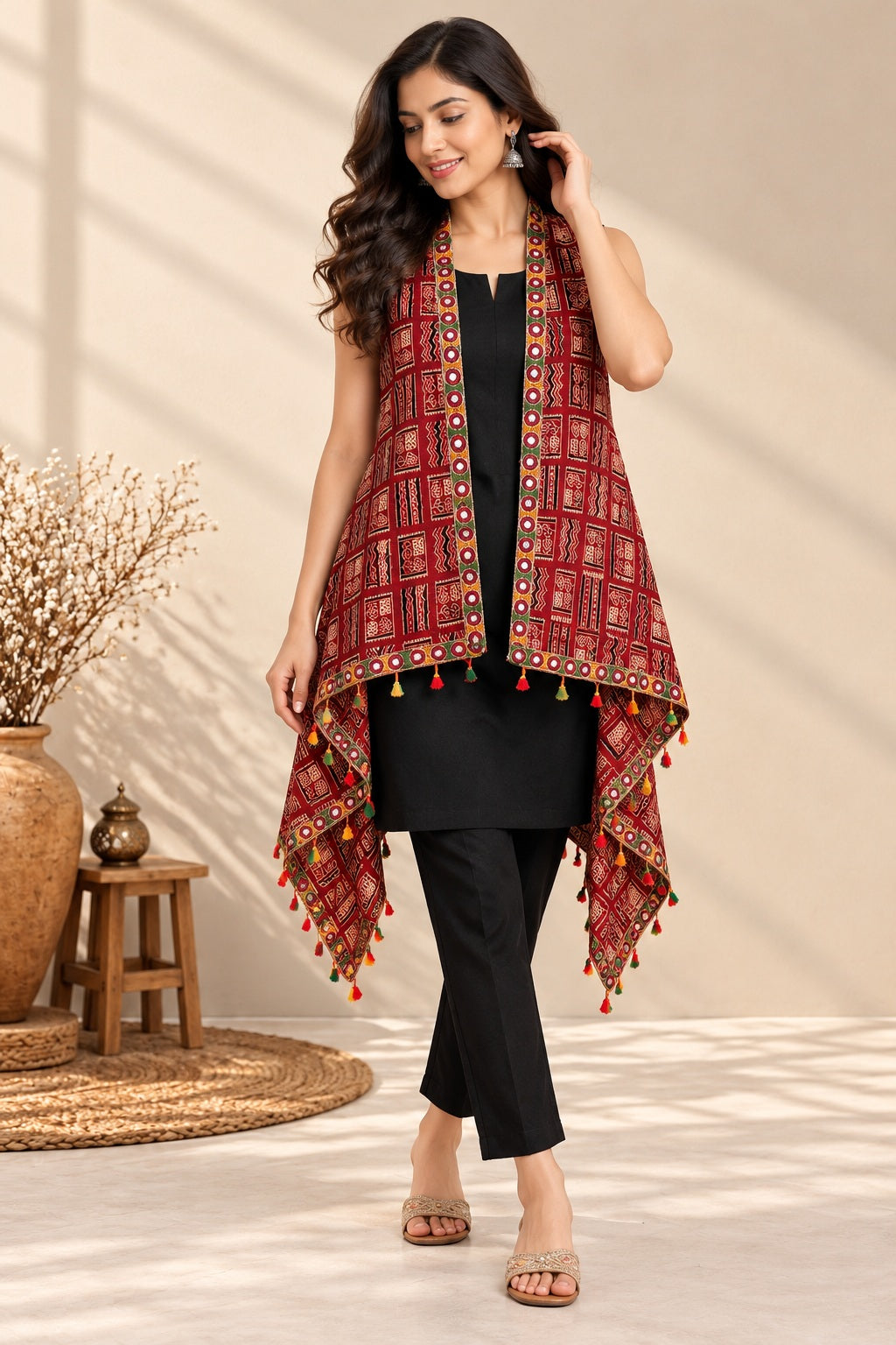 Ajarakh Soft Cotton Tassel Shrug