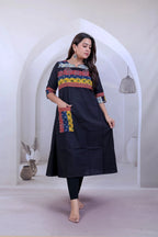 Saanvi Black Ajarakh Neck & Pocket A line Kurti