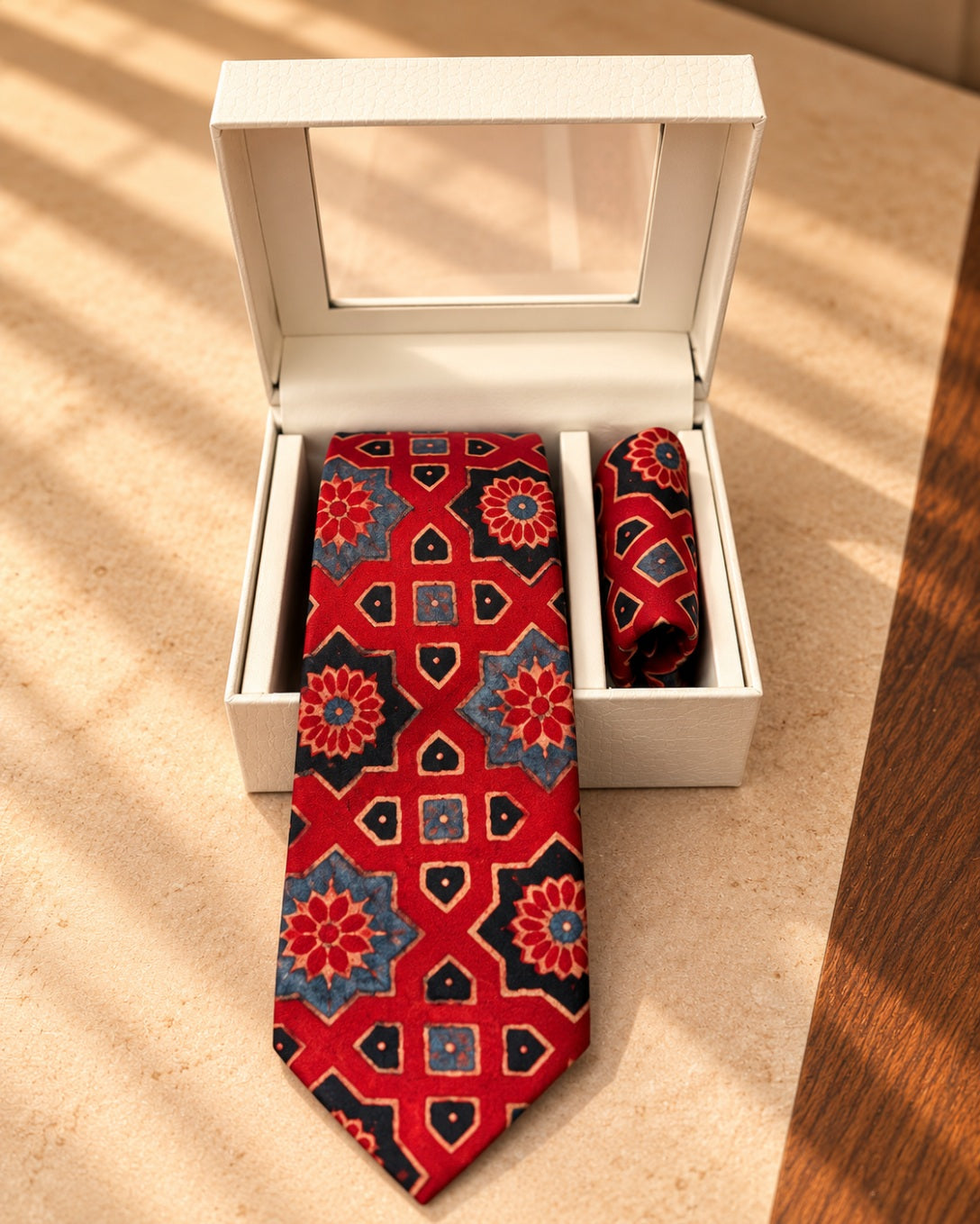 Rustic Maroon Ajarakh Tie & Pocket Square Set for Men