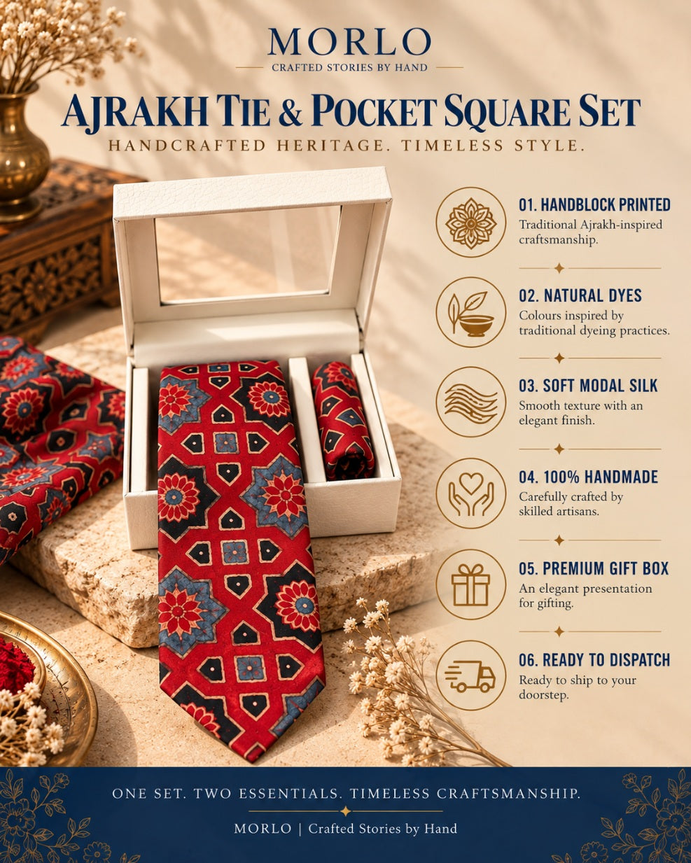 Rustic Maroon Ajarakh Tie & Pocket Square Set for Men