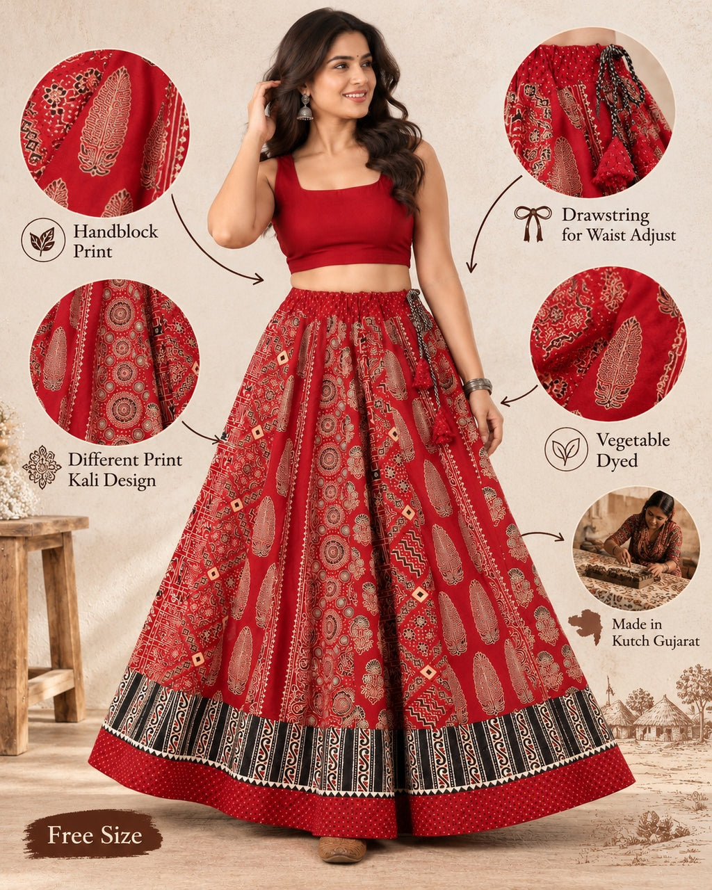 Ajarakh Maroon Kali Vegetable Dyed Skirt
