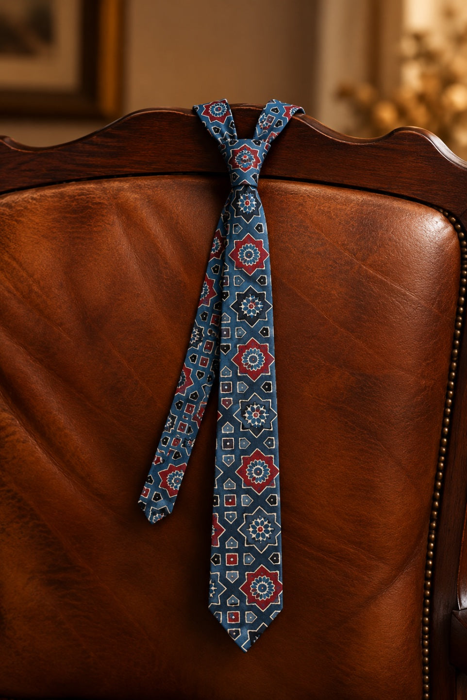 Indigo Ajarakh Tie & Pocket Square Set for Men
