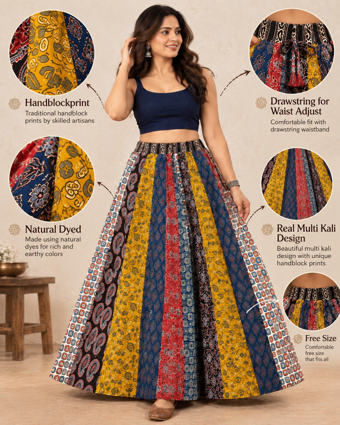 Ajarakh Multi Kali Cotton Skirt