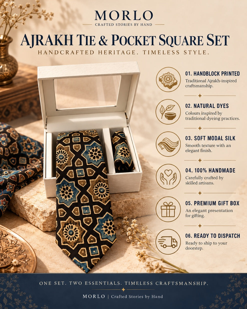 Mahendi Green Ajarakh Tie & Pocket Square Set for Men
