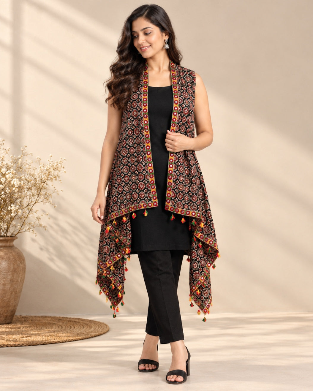 Ajarakh Soft Cotton Tassel Shrug