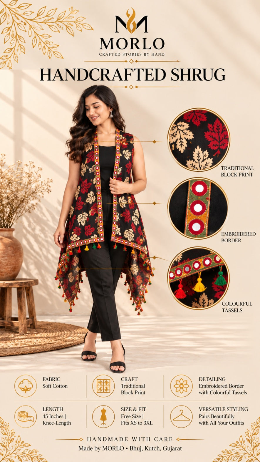 Ajarakh Soft Cotton Tassel Shrug