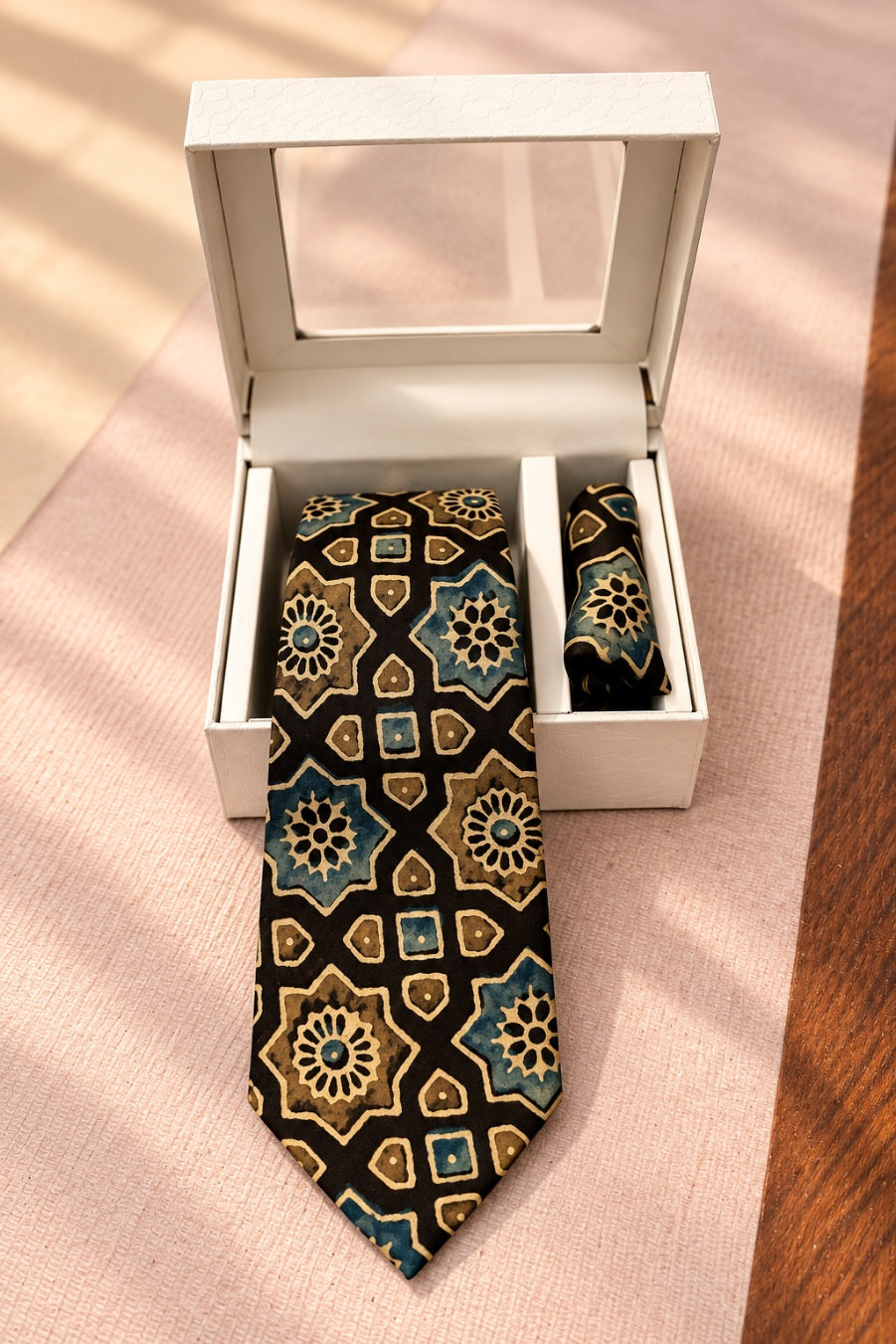 Mahendi Green Ajarakh Tie & Pocket Square Set for Men