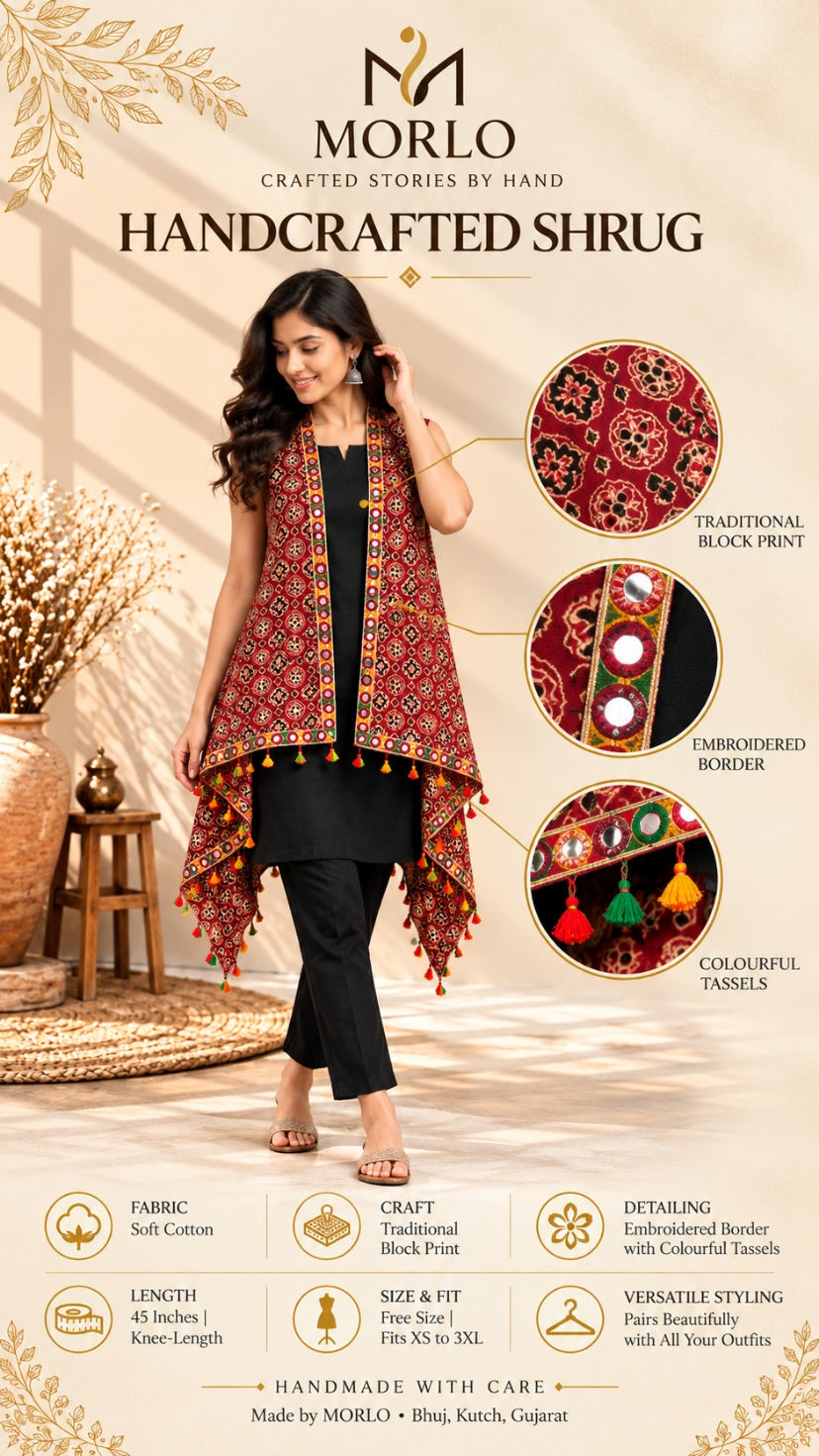 Ajarakh Soft Cotton Tassel Shrug