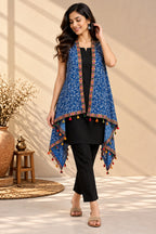 Indigo Blockprint Soft Cotton Tassel Shrug