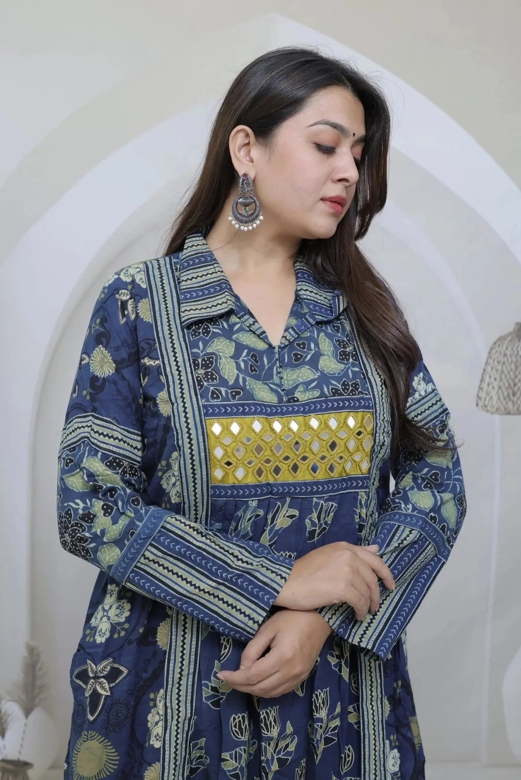 Swara Ajarakh Flap Collar & Mirror Cotton Long Kurti/One Piece