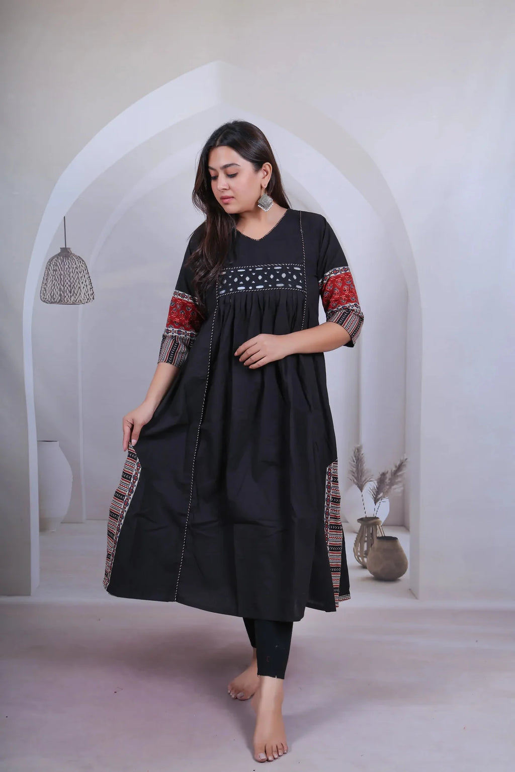 Kasis Ajarakh Plain Mirror Long Kurti/One Piece