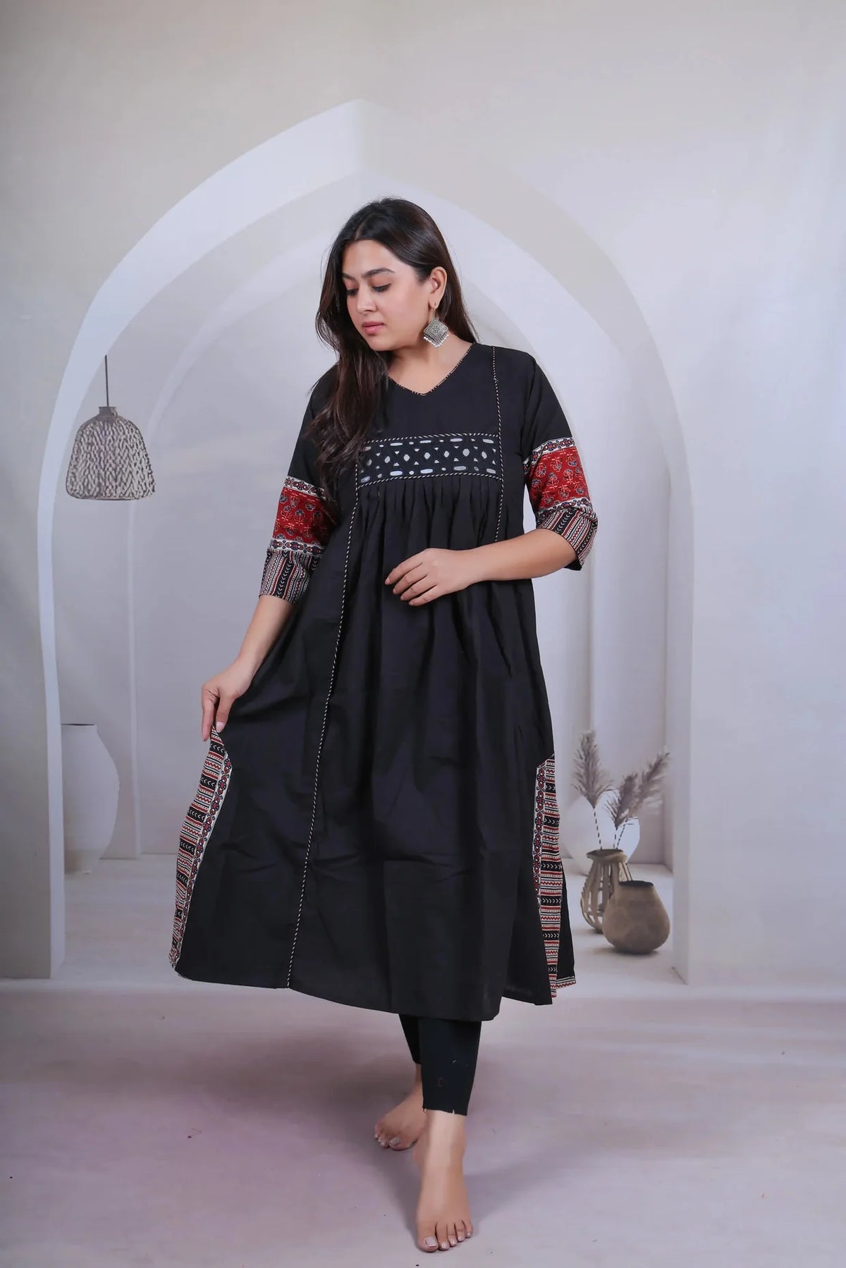 Kasis Ajarakh Plain Mirror Long Kurti/One Piece