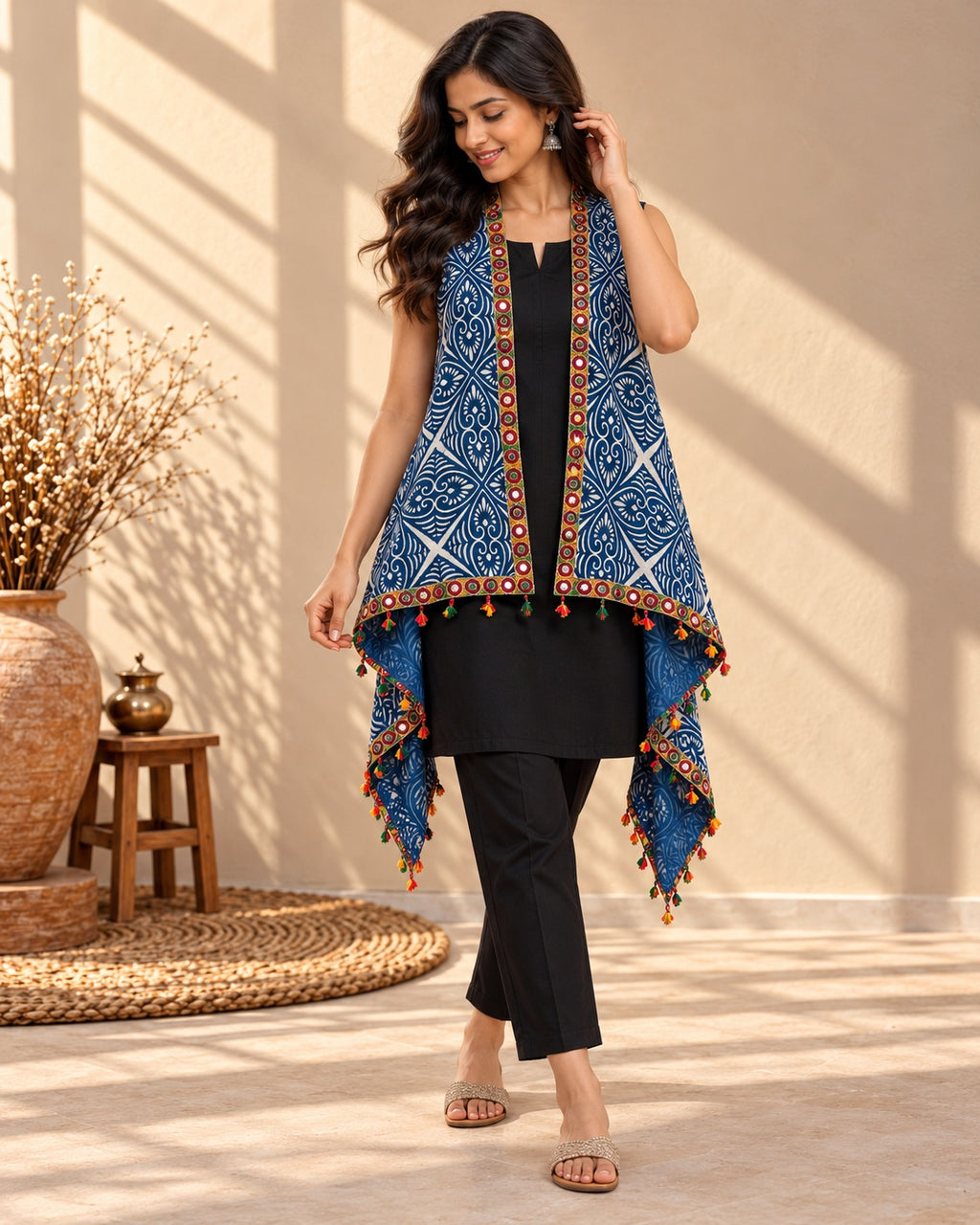 Indigo Blockprint Soft Cotton Tassel Shrug